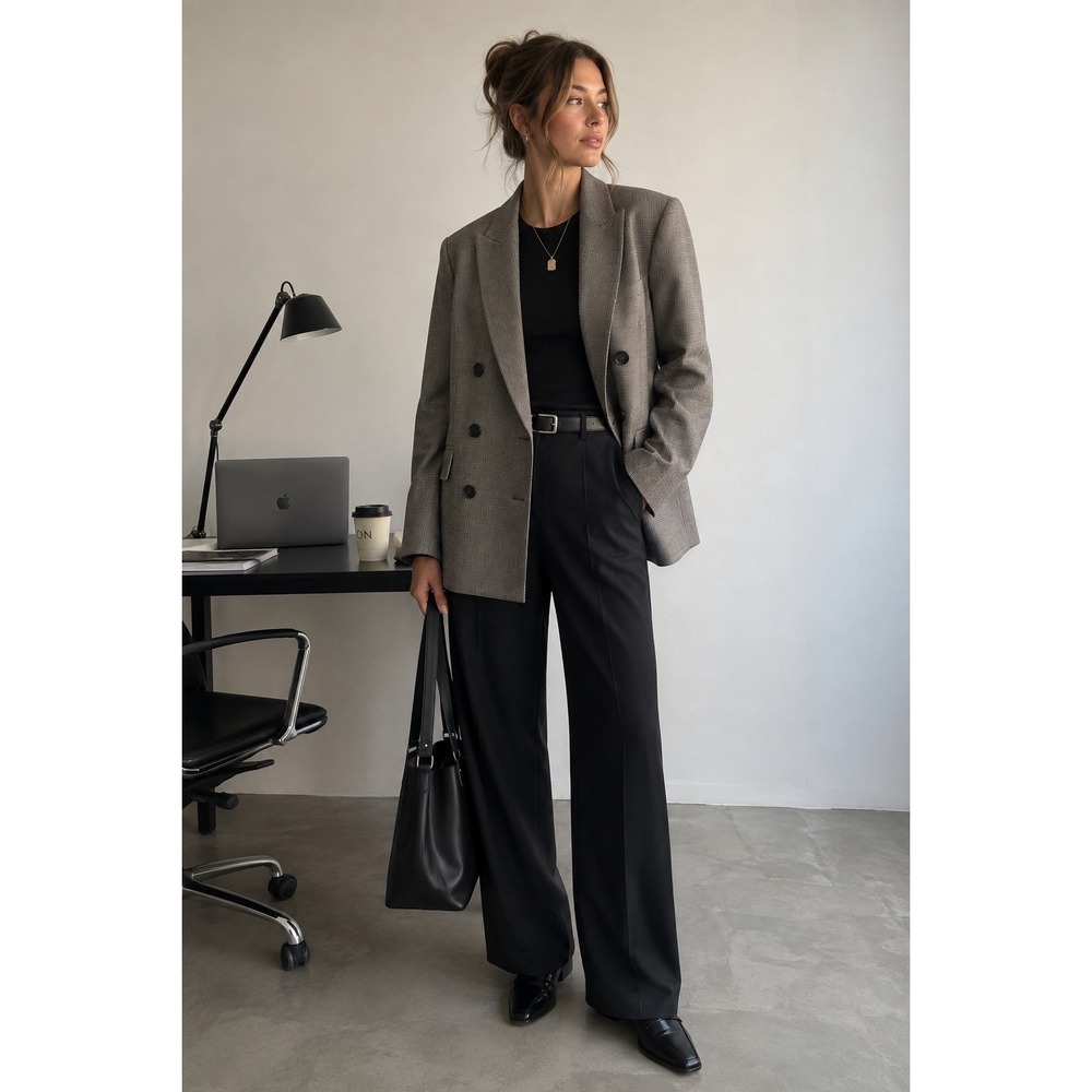 Zara Woman Brown Houndstooth Double Breasted Blazer Shawl Collar Size L J49